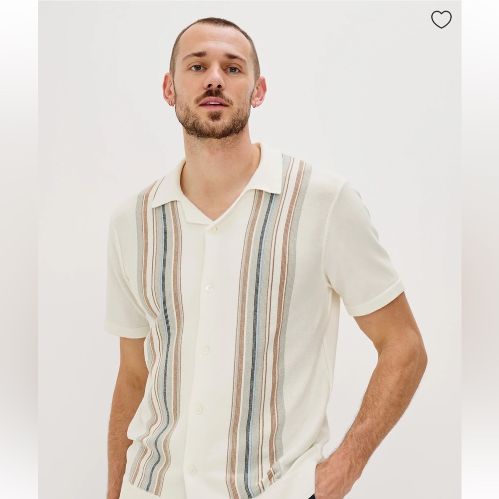 Men's Cream Short-Sleeve Button Shirt with Vertical Stripes